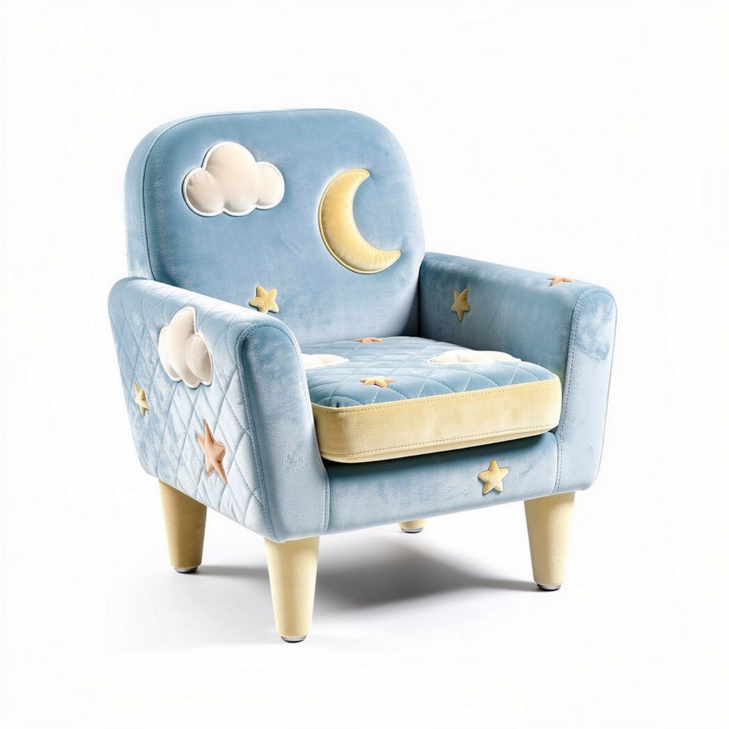Fauteuil en velours bleu pour enfant avec motifs nuages et lune 60 x 50 x 60cm