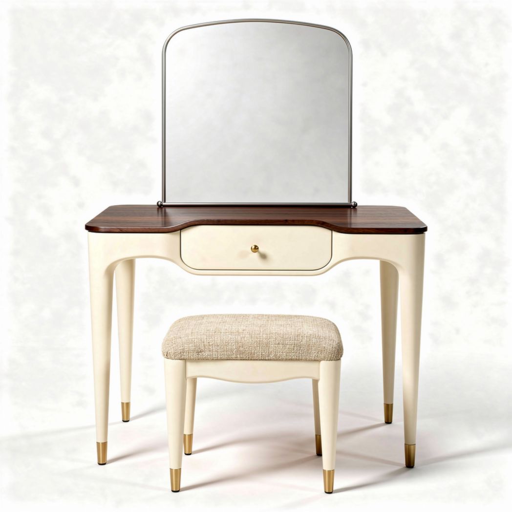 Coiffeuse en bois avec miroir et tabouret en tissu beige 100 x 45 x 150 cm
