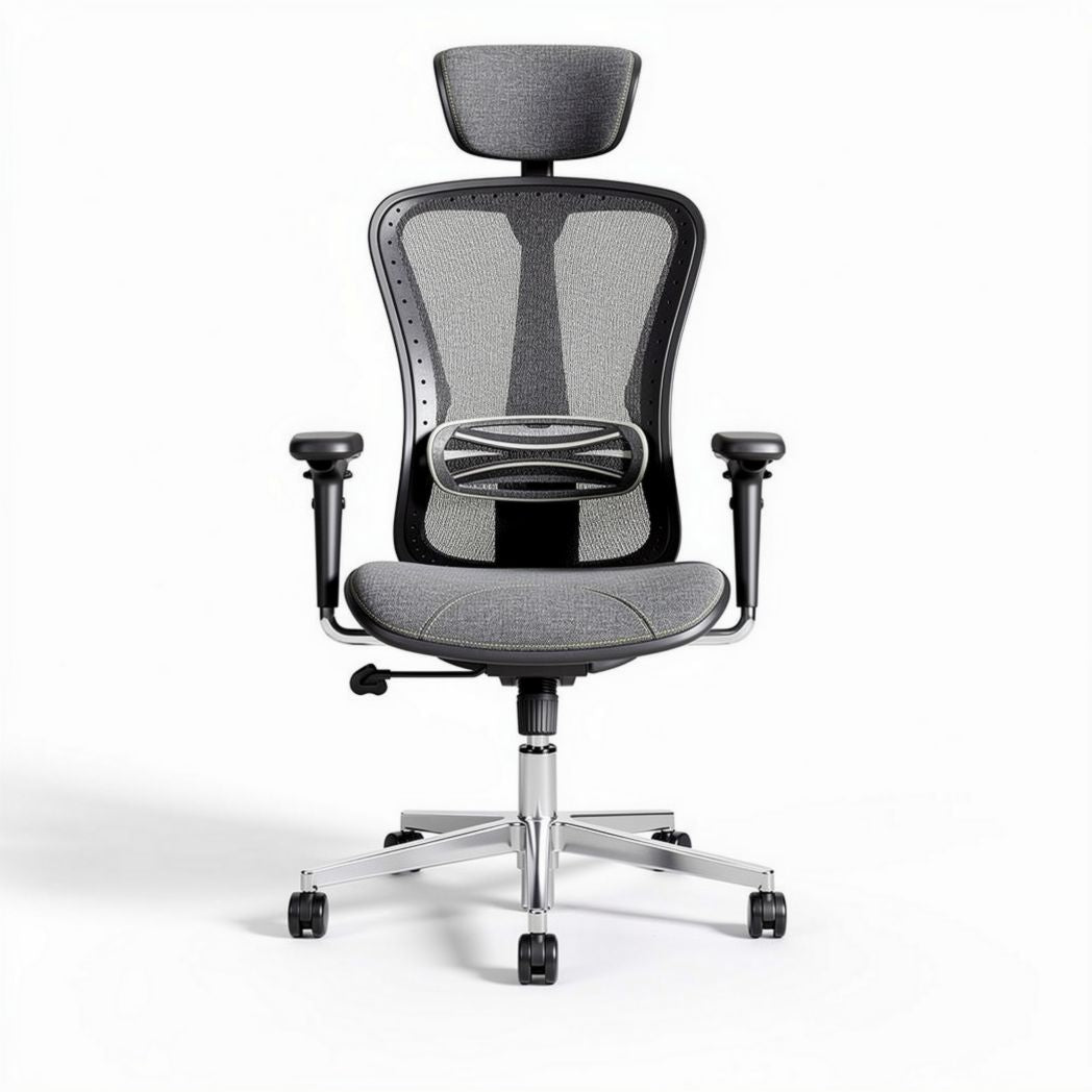 Chaise de bureau ergonomique en mesh grise avec support lombaire et accoudoirs ajustables 48 x 60 x 120cm