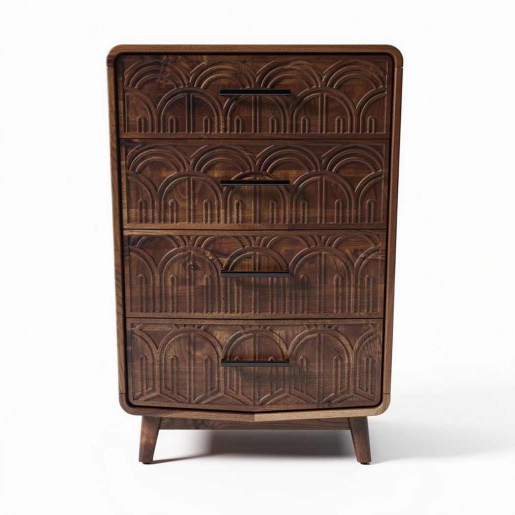 Commode en bois sculpté avec quatre tiroirs finition marron 70 x 40 x 100cm