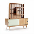 Meuble de rangement en bois avec étagère en métal vert et dimensions 150 x 45 x 180cm