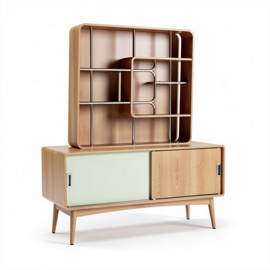 Meuble de rangement en bois avec étagère en métal vert et dimensions 150 x 45 x 180cm
