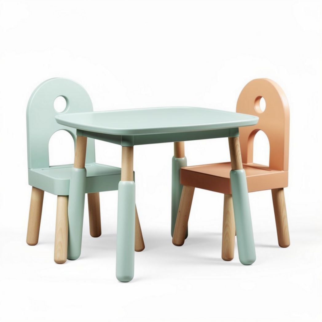 Table et chaises pour enfant en plastique et bois dimensions 60 x 60 x 50cm couleurs mint et pêche